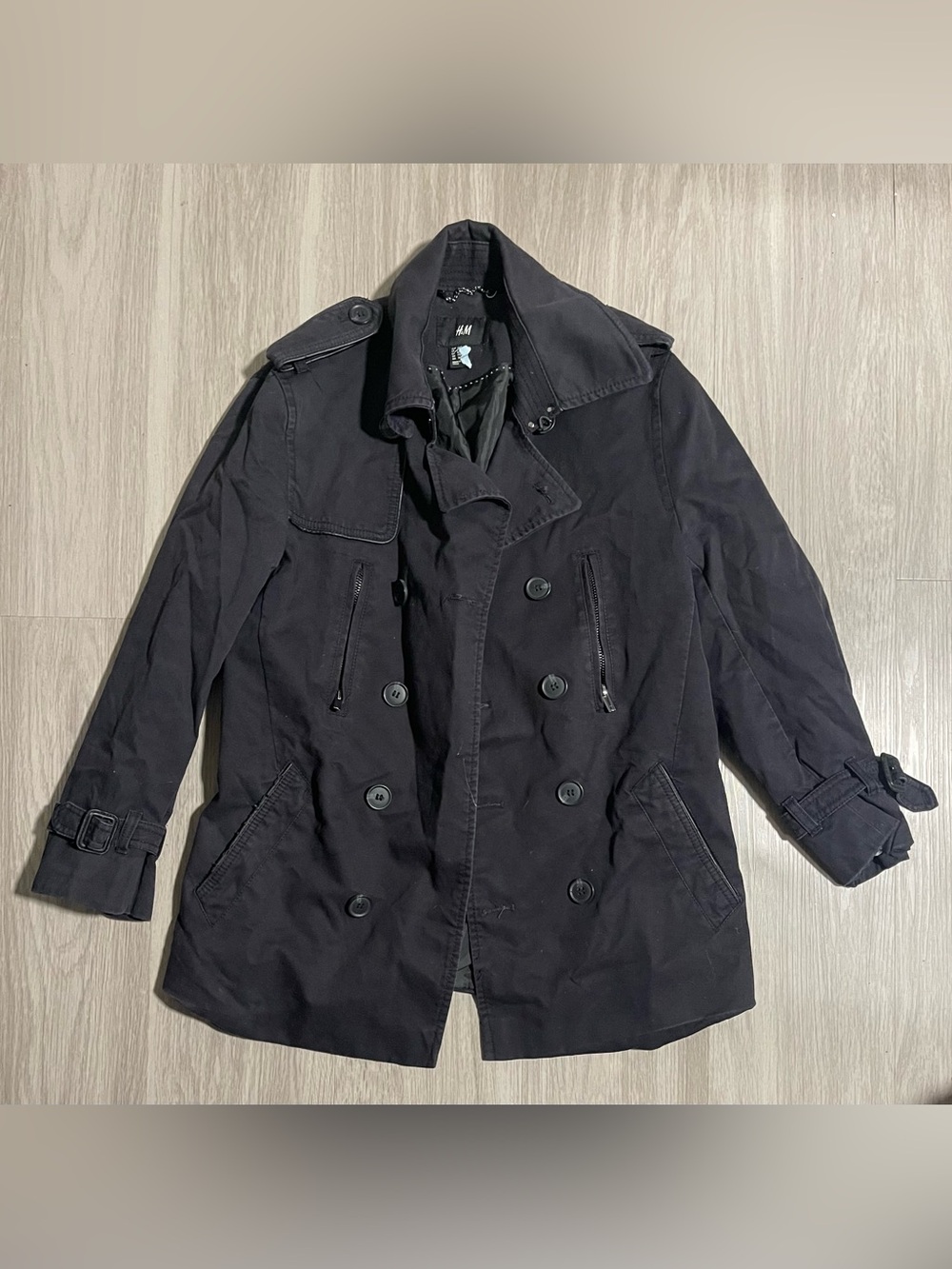 H&M Dark Black Double-Breasted Trench Coat